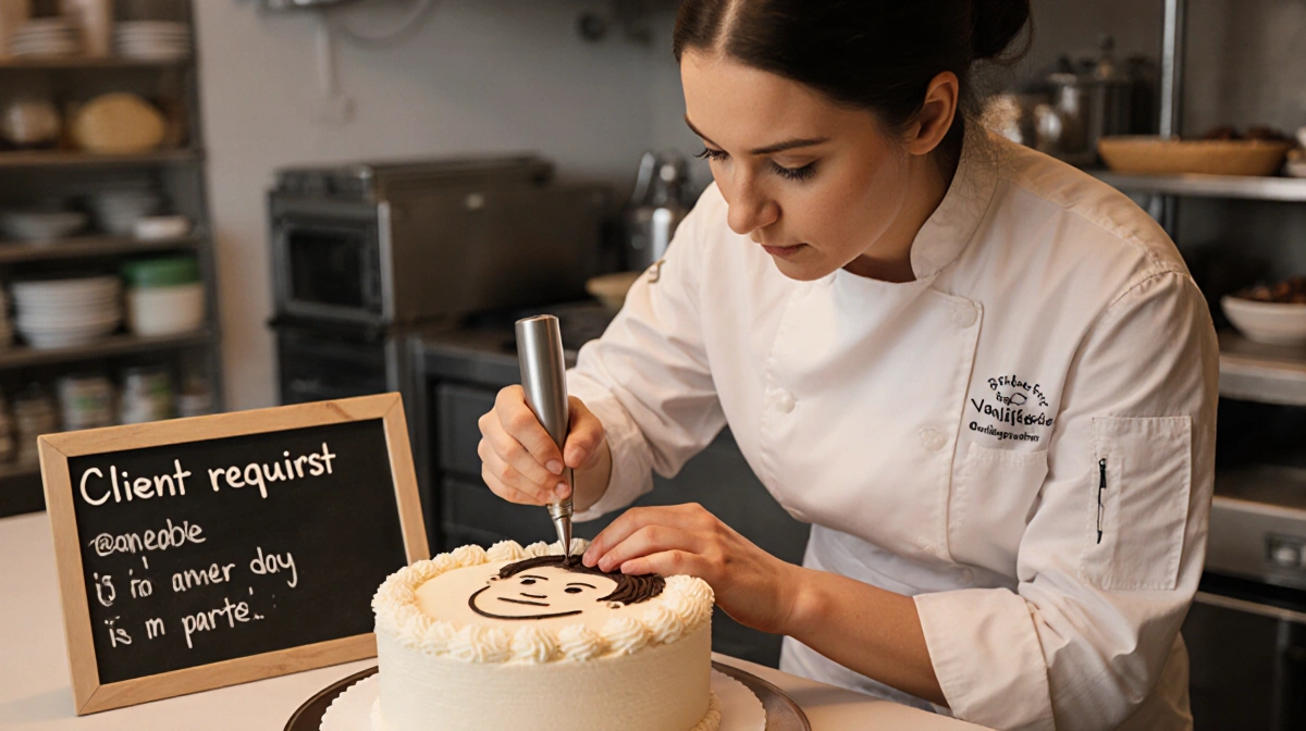 Bakery decorator hand-piping portrait onto buttercream cake with client request on chalkboard and warm lighting