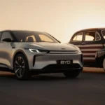 Sleek BYD electric car parked beside vintage American vehicle with golden sunset glow and motion-blur background