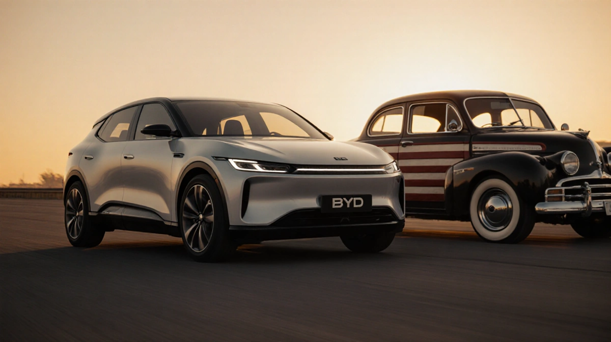 Sleek BYD electric car parked beside vintage American vehicle with golden sunset glow and motion-blur background