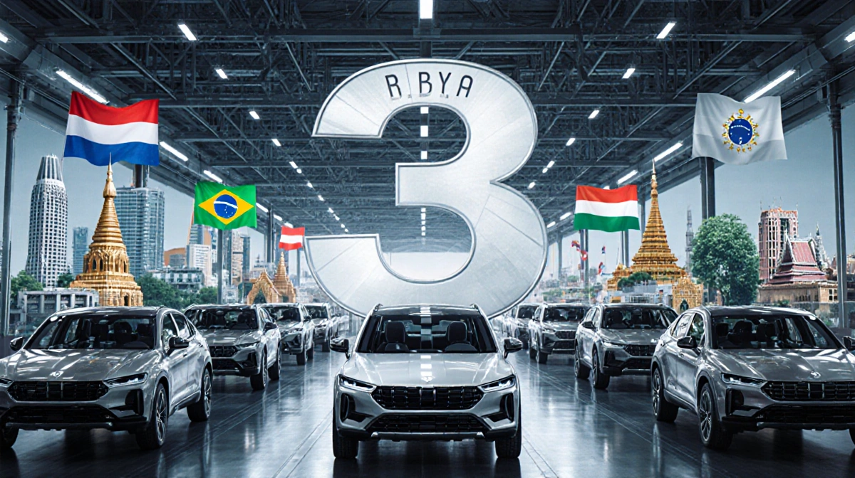 Futuristic factory assembly lines producing electric vehicles with digital counter showing 3 million milestone and global lan