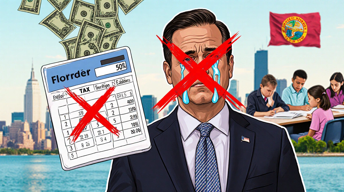 Rep Byron Donalds frowns at red X over city skyline with tax calculator showing 50% OnlyFans tax and Florida flag behind