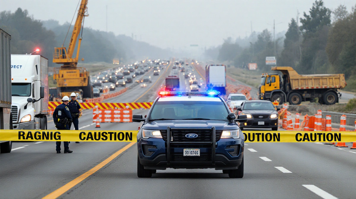 California Highway Patrol vehicle directs traffic with caution tape while a construction zone and a blurred traffic jam loom 