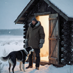 Man standing at cabin doorway with shivering dog and snowy frost under indigo sky