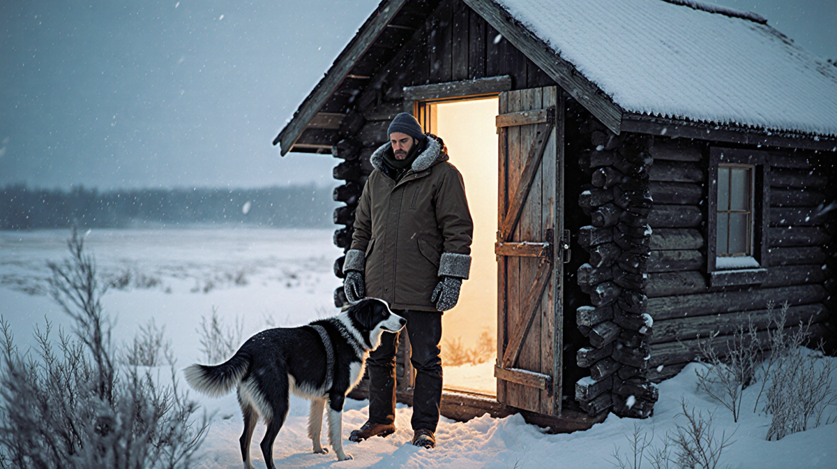 Man standing at cabin doorway with shivering dog and snowy frost under indigo sky
