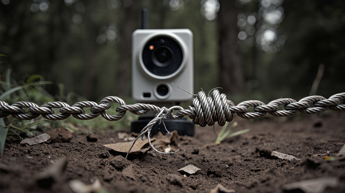 Animal struggling to free itself from broken cable snare with dirt and debris near wildlife monitoring camera