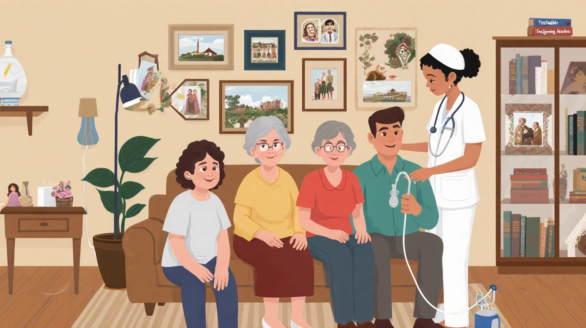 Cabral's family gathers in living room with matriarch surrounded by photos and caregiver holding his hand