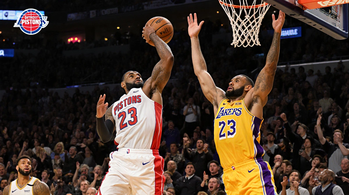 Cade Cunningham driving to the hoop with LeBron James in passing while Luka Doncic guards him and the crowd cheering