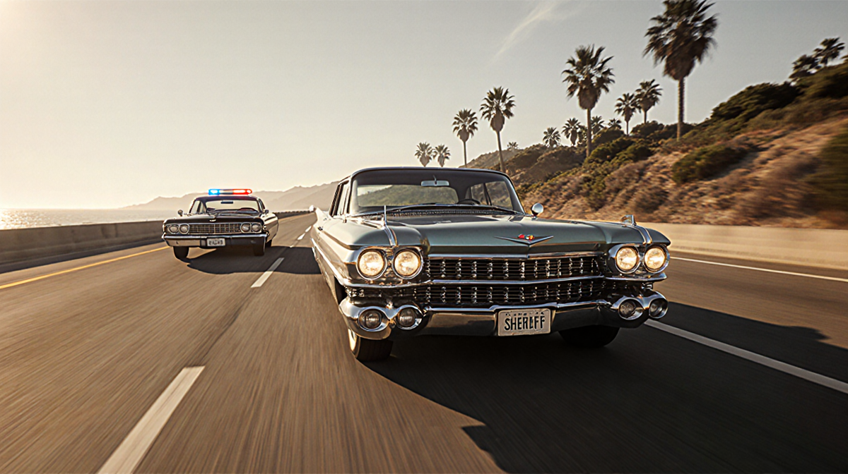 Vintage Cadillac speeding Highway headlights blazing toward horizon and sheriff's car in pursuit