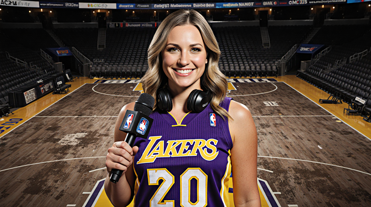 Caitlin Clark standing confidently with microphone and headset in Lakers jersey at Madison Square Garden court