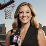 Caitlin Clark holds microphone and smiles in front of basketball hoop with cityscape and NBC Sunday Night Basketball shadows.