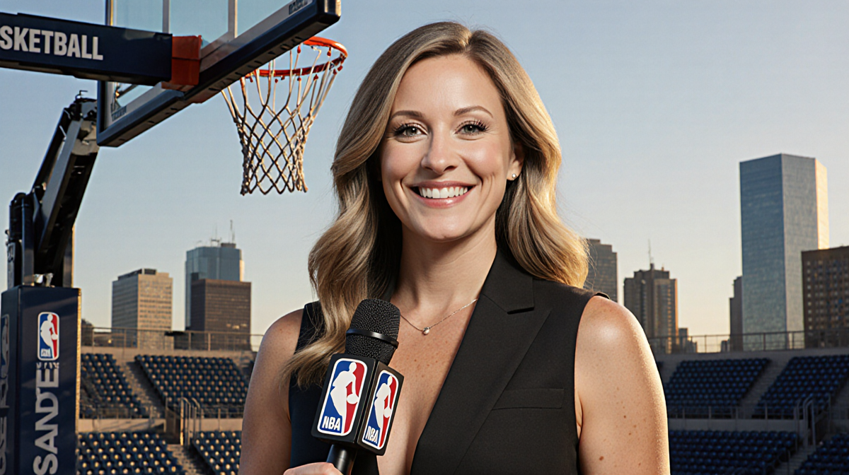 Caitlin Clark holds microphone and smiles in front of basketball hoop with cityscape and NBC Sunday Night Basketball shadows.