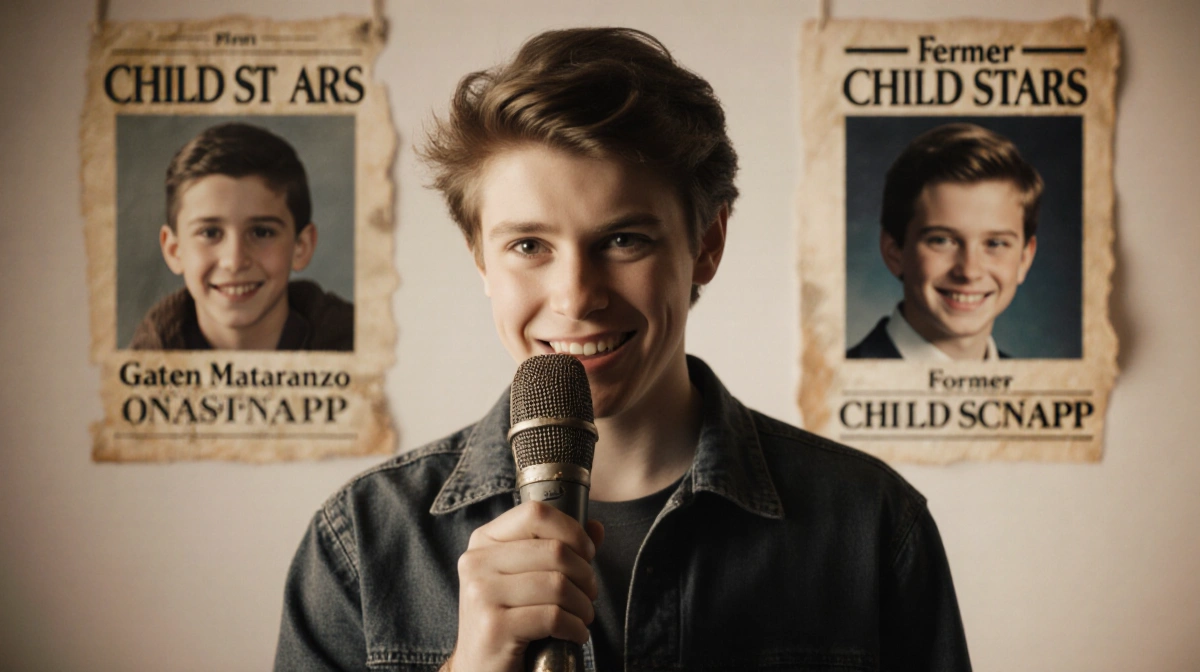 Caleb McLaughlin holds vintage microphone with playful smile and blurred Stranger Things co-stars behind him