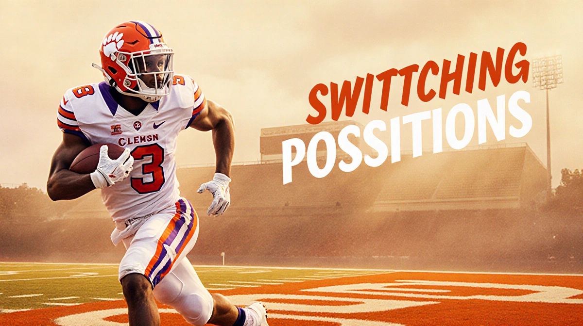 Caleb Nix catches football as Clemson wide receiver with quarterback helmet outline showing his position switch