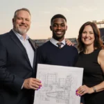 Caleb Williams stands between his parents with Carl holding blueprints and Dayna showing colorful nail art near Bears stadium