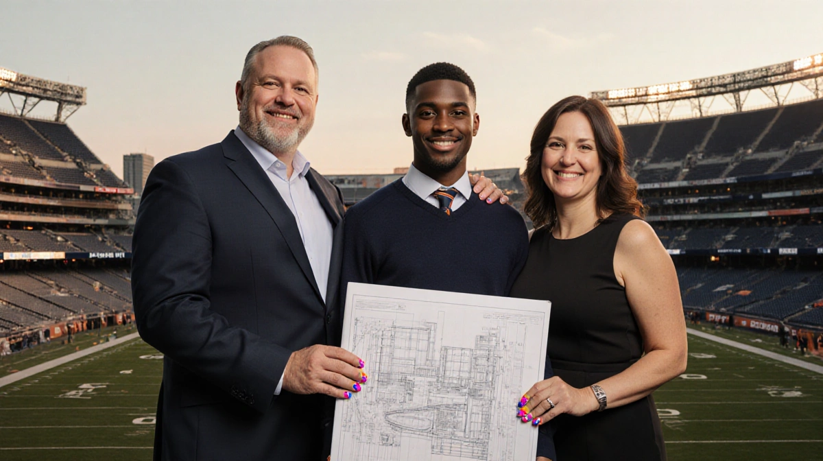 Caleb Williams stands between his parents with Carl holding blueprints and Dayna showing colorful nail art near Bears stadium