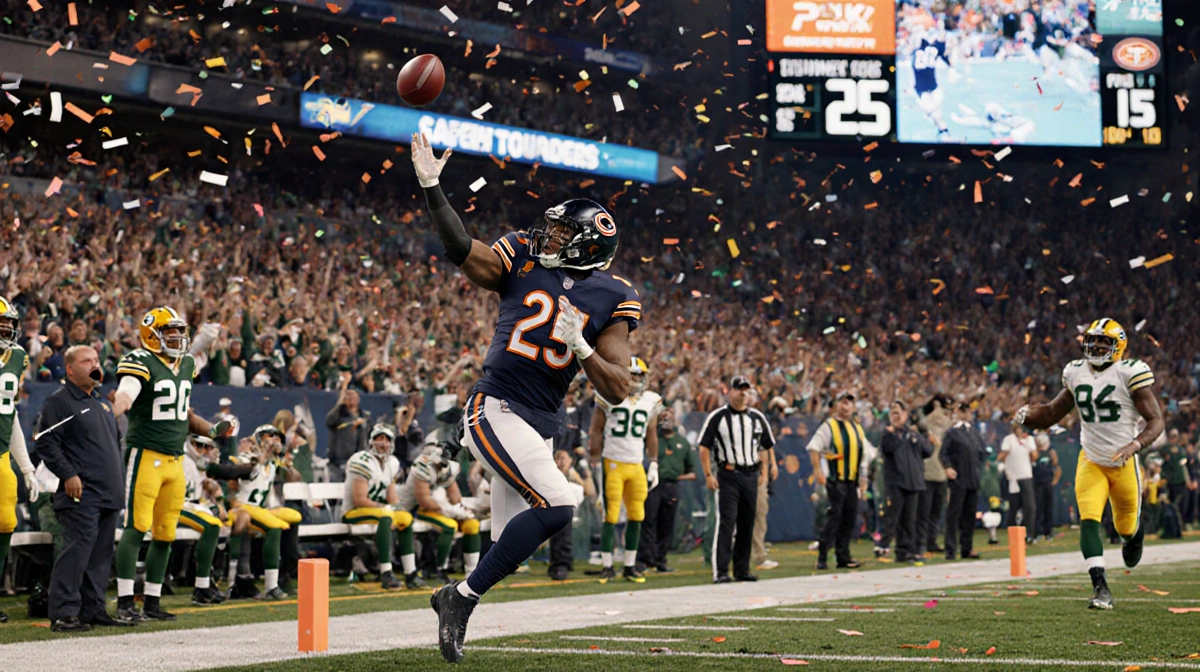 Caleb Williams throwing touchdown pass to DJ Moore with Packers bench in shock and Bears sideline celebrating