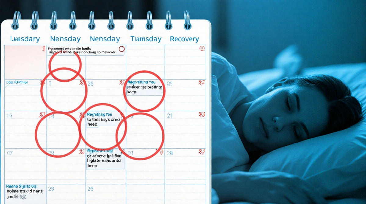 Calendar page shows red-circled work events with faint X marks and person resting in bed showing illness