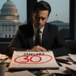 Congressional staffer staring at camera with calendar circled red and Capitol outline behind