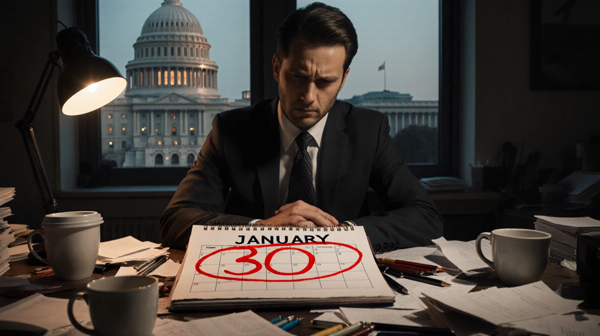 Congressional staffer staring at camera with calendar circled red and Capitol outline behind