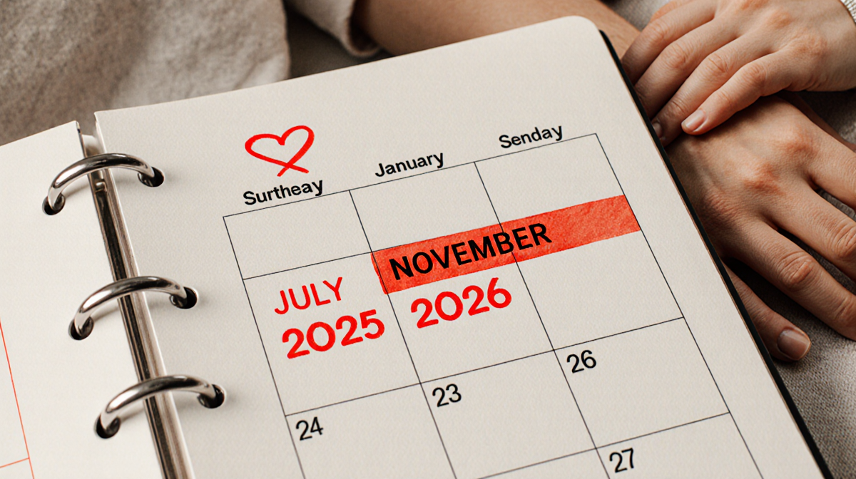 Calendar page turning showing red highlighted dates with warm hearted background