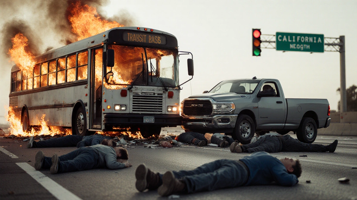 Burning bus crash on California highway with wreckage and debris scattered across the road