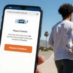Person walking away from mailbox holding stack of mail with smartphone showing Deletion button against California backdrop.