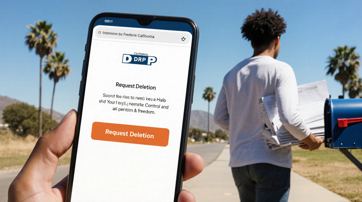 Person walking away from mailbox holding stack of mail with smartphone showing Deletion button against California backdrop.