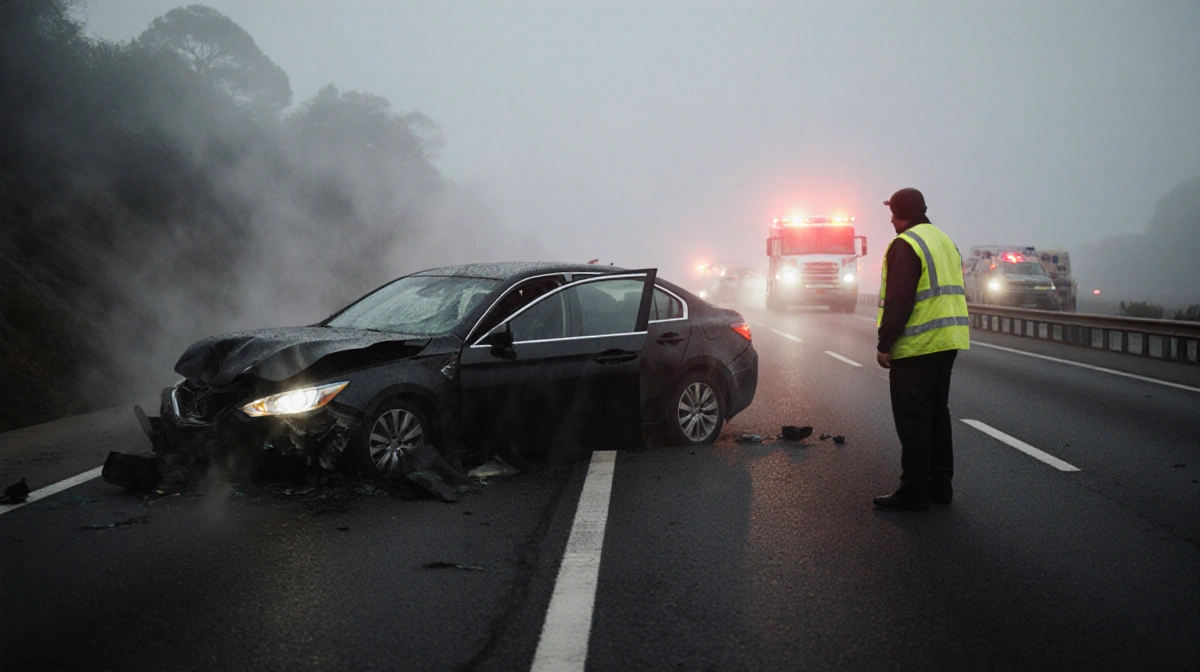 Crashed cars lie on foggy California highway with emergency lights flashing and person in reflective vest assessing damage