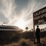 Suit figure gazing at sleek futuristic train with California sign and warm sunset