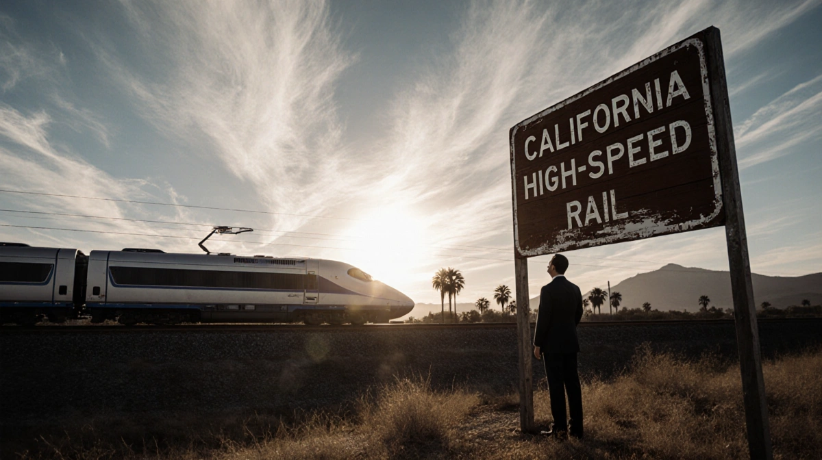 Suit figure gazing at sleek futuristic train with California sign and warm sunset