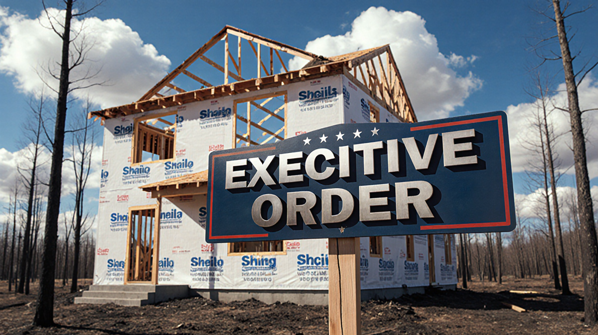 Sign announcing executive order with partially rebuilt home behind it and charred forest background.