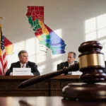 California governor and lawmakers debating at a wooden table with district flags and gavel showing redistricting tension