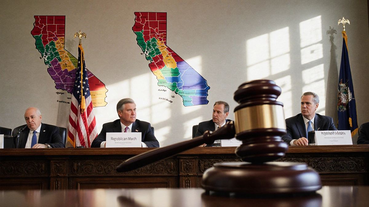 California governor and lawmakers debating at a wooden table with district flags and gavel showing redistricting tension
