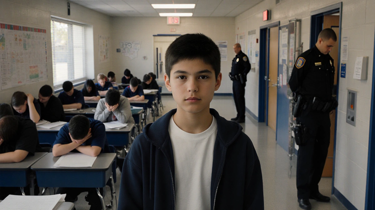 A student stands alone in a school hallway during lockdown with lowered heads visible behind and officers near the doors