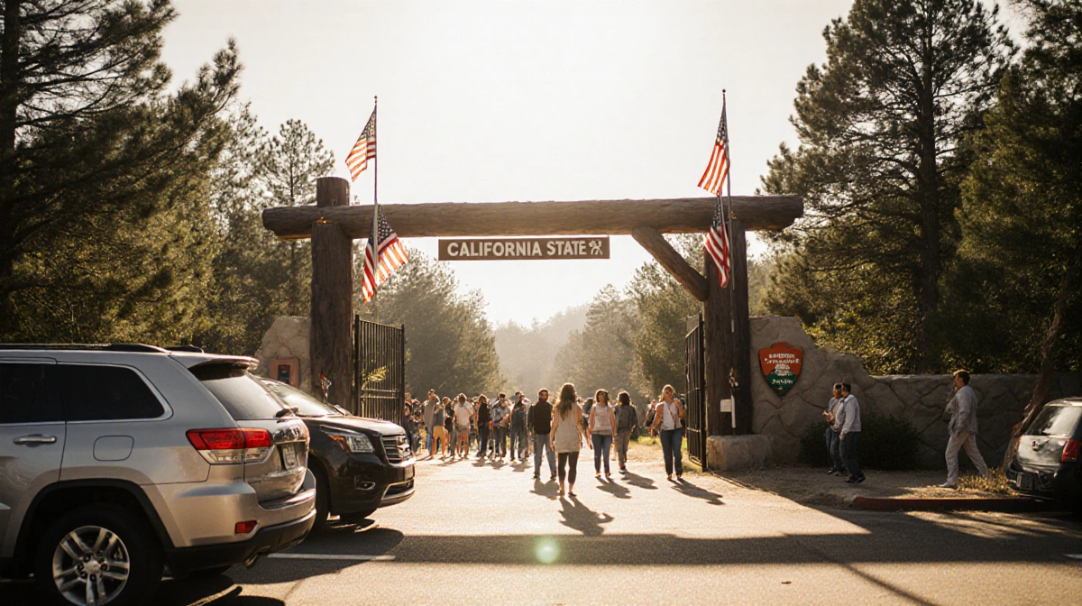 People walk through California state park entrance gate with free entry sign and American flags waving above