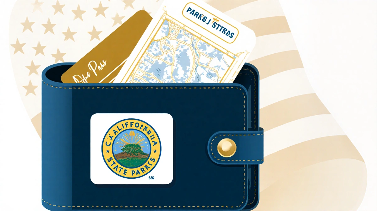 Purse with California State Parks sticker showing library card and park pass with American flag background