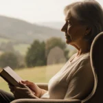 Woman sitting comfortably on a plush armchair cradles a small leather-bound book or journal with her hands.