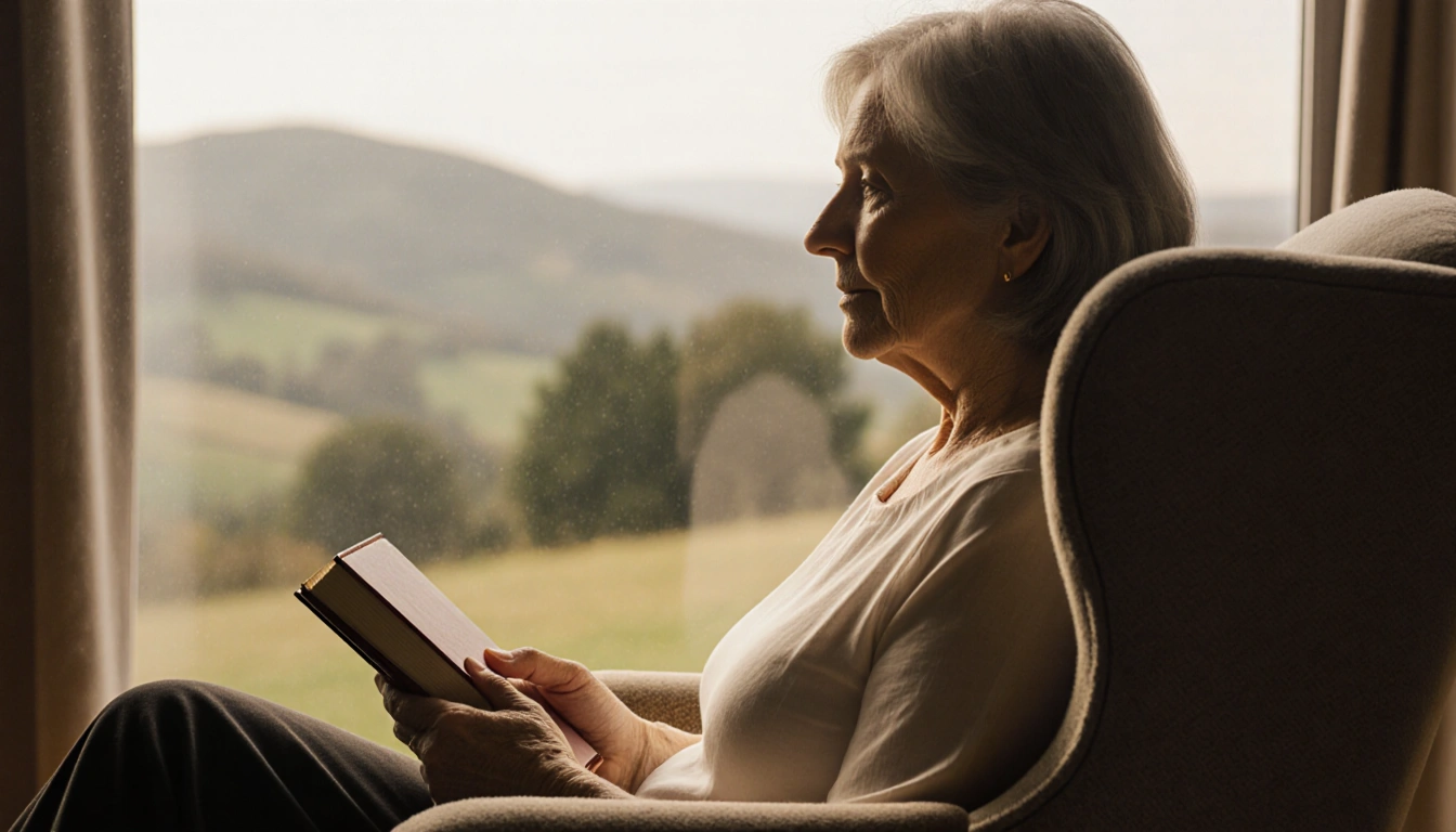 Woman sitting comfortably on a plush armchair cradles a small leather-bound book or journal with her hands.