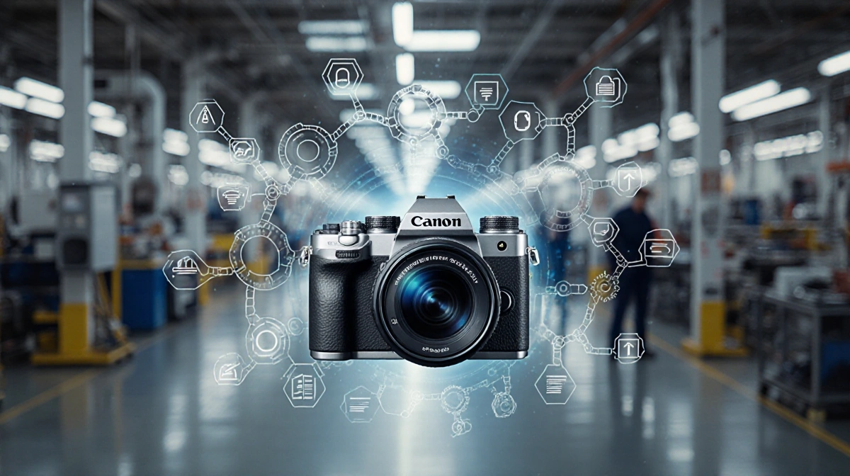 Camera logo glows on sleek device with data streams and chain of ownership gears symbolizing secure blockchain technology