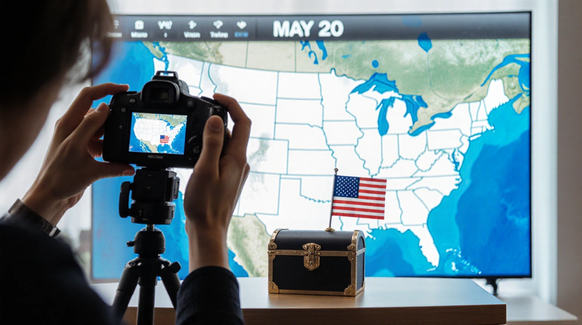 Photographer capturing American flag box with US map on TV showing May 20th calendar