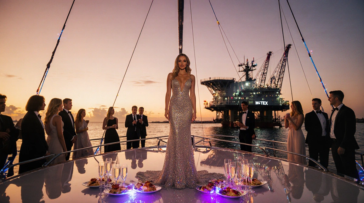Cami Miller stands at yacht bow with sunset and offshore rig visible while guests enjoy champagne at Louisiana launch party