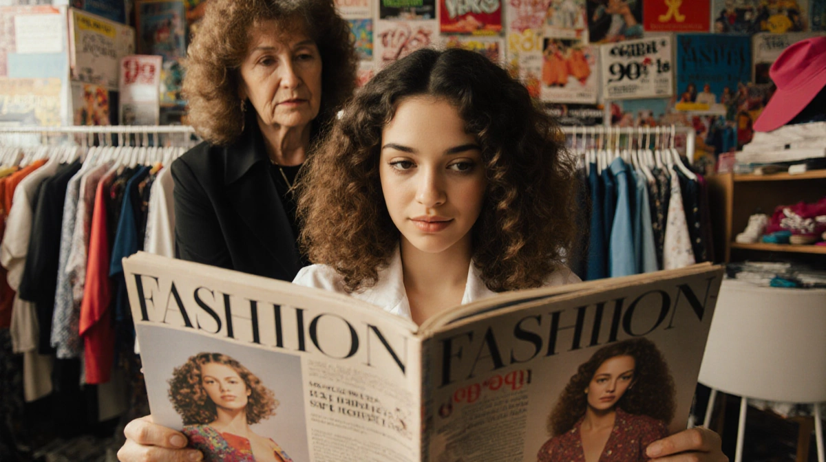 Camila Larrain reviews vintage fashion magazine with her mother Karen beside clothing racks and designer logos