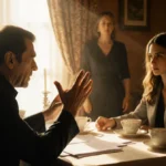 Al Pacino mentoring Camila Morrone at tea table with scripts and golden afternoon light filling the room