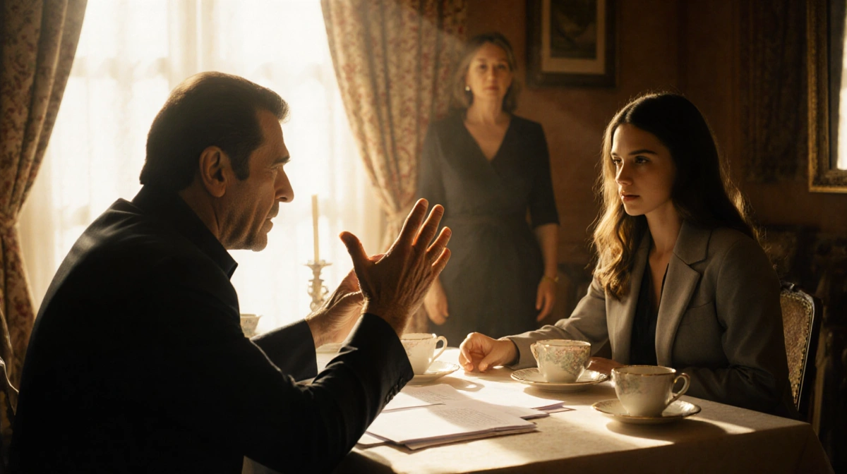 Al Pacino mentoring Camila Morrone at tea table with scripts and golden afternoon light filling the room