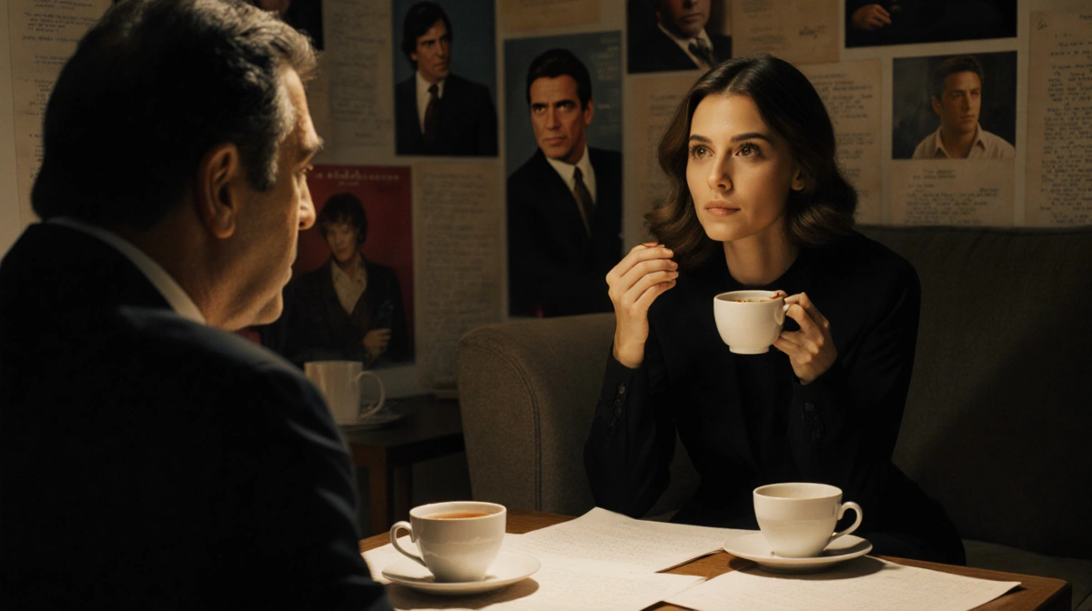 Camila Morrone sits with Al Pacino sharing tea and scripts in cozy room with her early film posters on wall