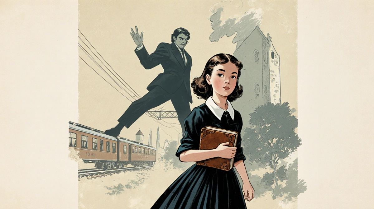 Teen Camilla holding worn book with looming man in background and train carriage in 1960s