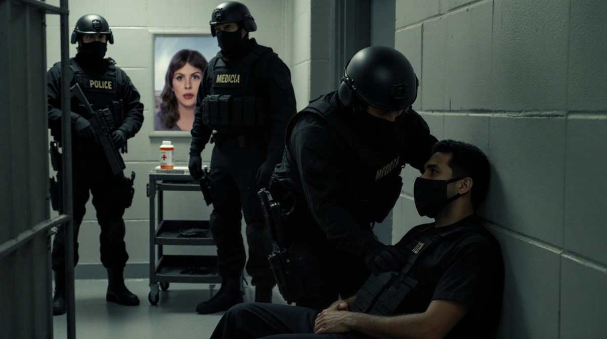 Campos slumps against wall with masked officers restraining him and medical cart with empty pill bottle behind