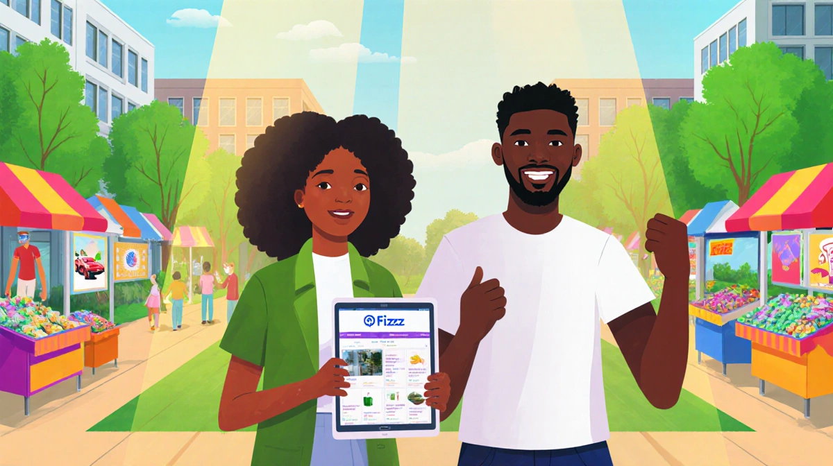 Tade holding tablet with Campus app and Teddy gesturing enthusiastically against a campus backdrop of modern buildings and ma