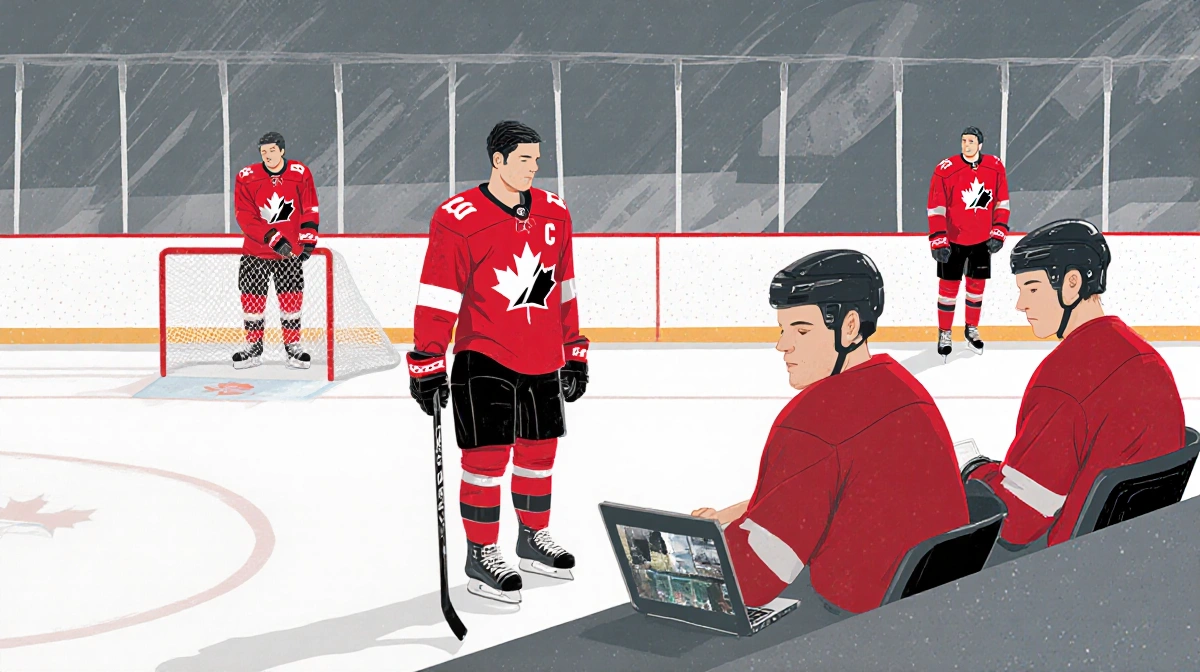 Connor Bedard Canadian holding a hockey stick in disappointment with Sam Bennett watching sad Mark Scheifele reviewing footag