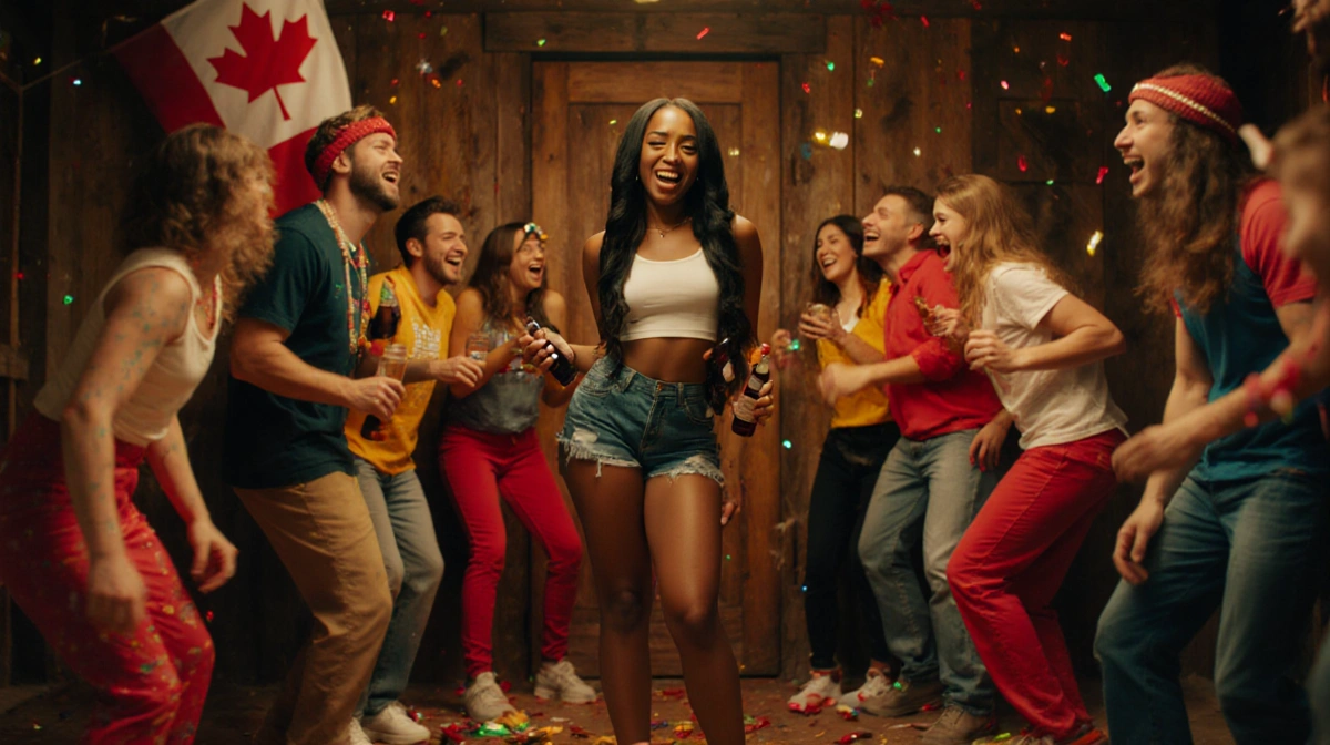 Keyaira stands at rustic door with colorful party crowd holding liquor bottles and laughing with spilled drinks showing wild 